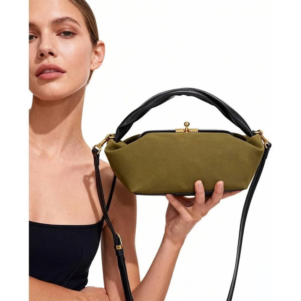 Women's Olive Faux Suede Vintage Slouchy Soft Satchel Kiss Lock Hobo Handbag